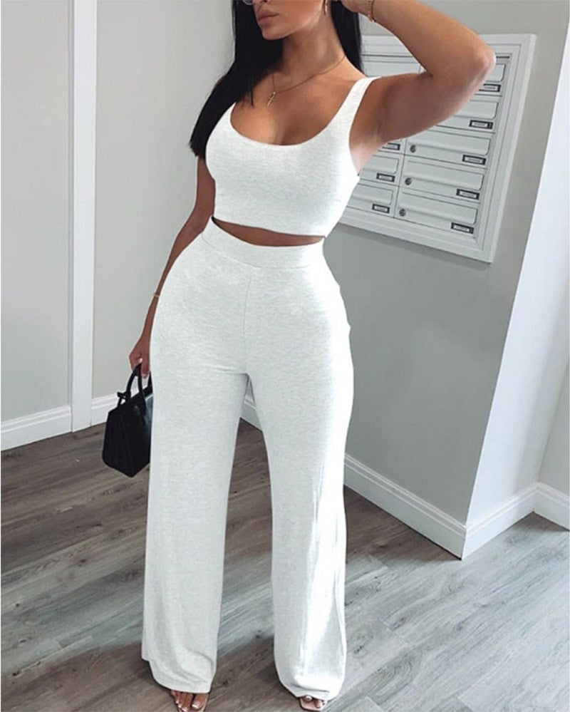 Women Two Piece Pants Set Tank Crop Top+ Straight Pants Matching Sets