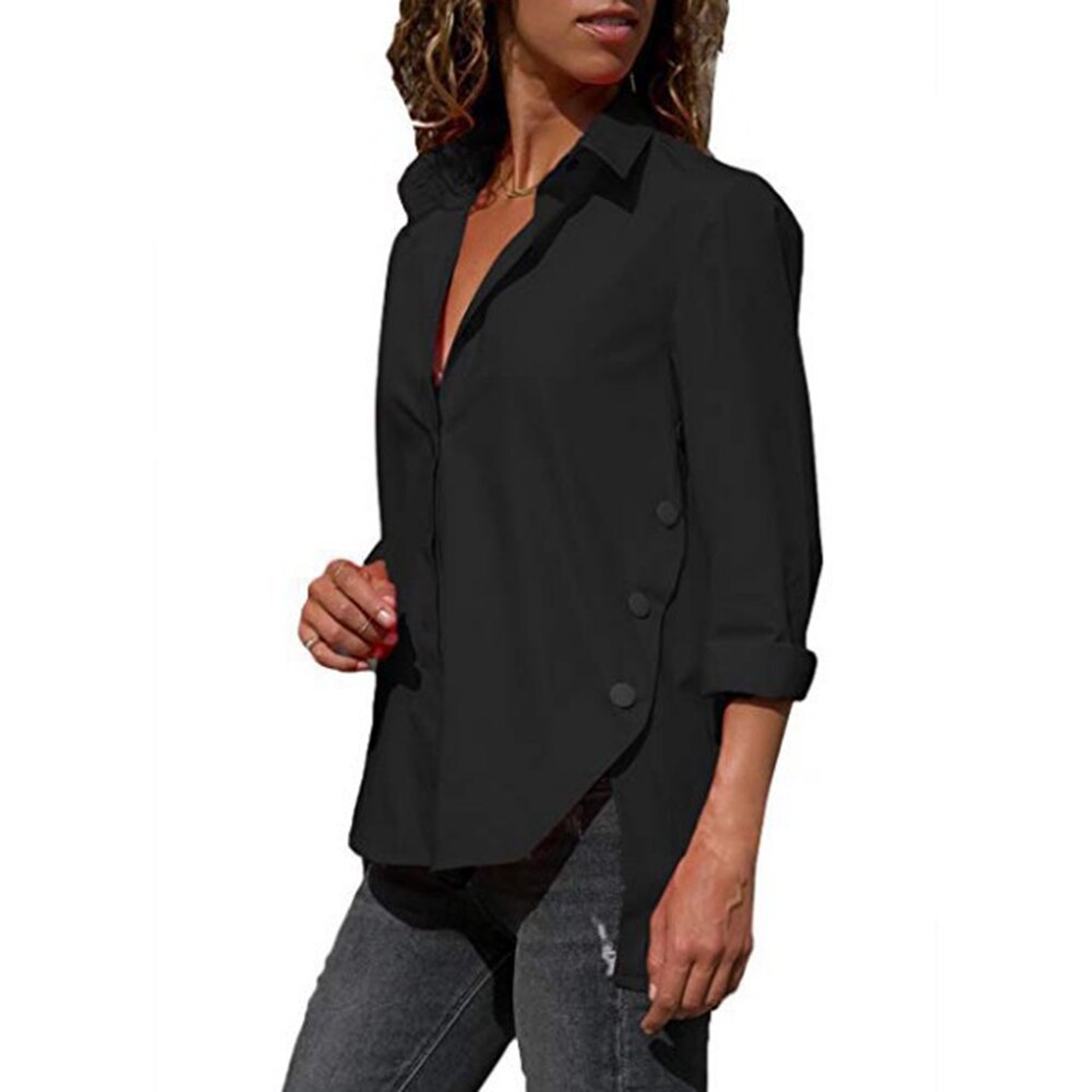 Women Long Sleeve Shirts Turn Down Collar Side Slit Hem Buttoned