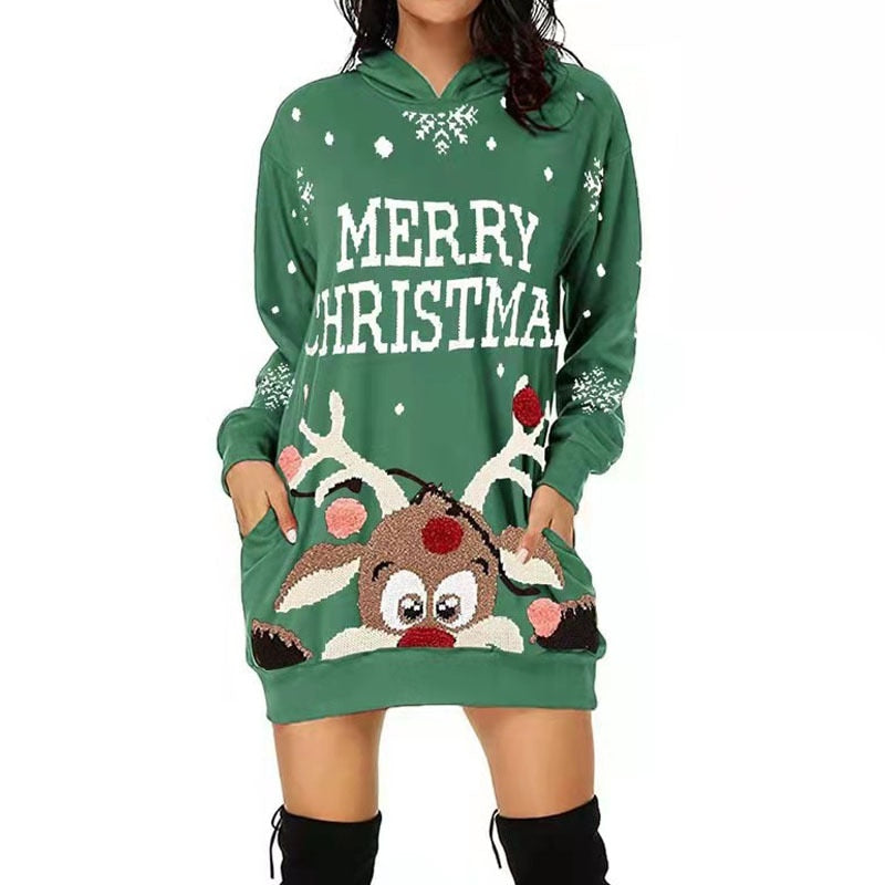 Women Christmas Warm Long Sleeve Elf Printed Hoodie Sweatshirts