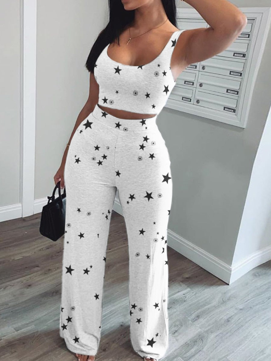 Women Two Piece Pants Set Tank Crop Top+ Straight Pants Matching Sets