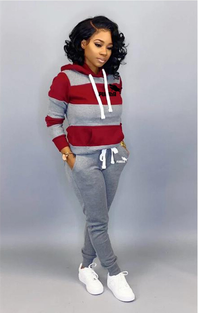 Women Winter Tracksuit 2 Piece Set Sweatshirt Print Hoodies-Pants Sportwear