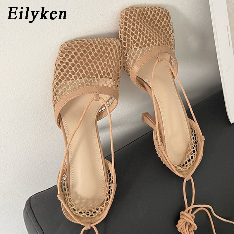 Female Square Lace Up high heel sandals