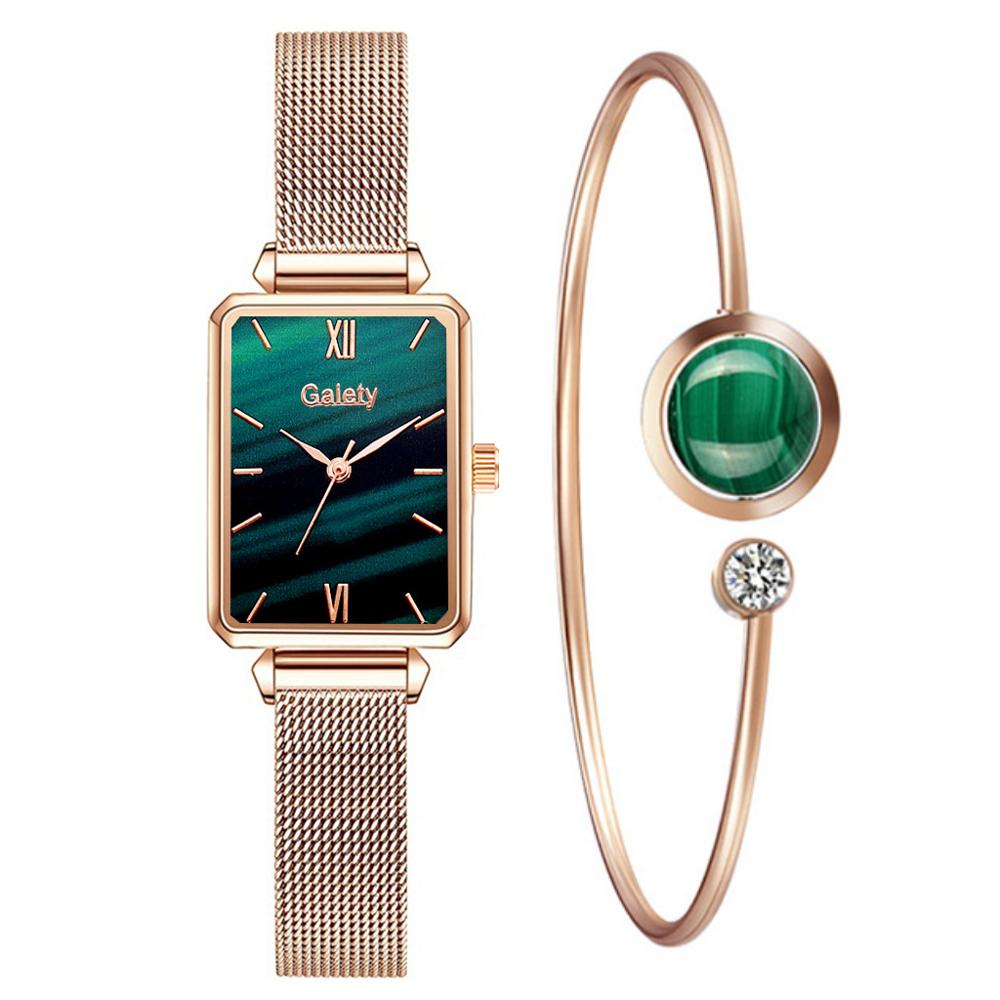 Women Watches Fashion Square Bracelet Set Green Dial Simple Rose Gold Mesh Luxury Women Watches