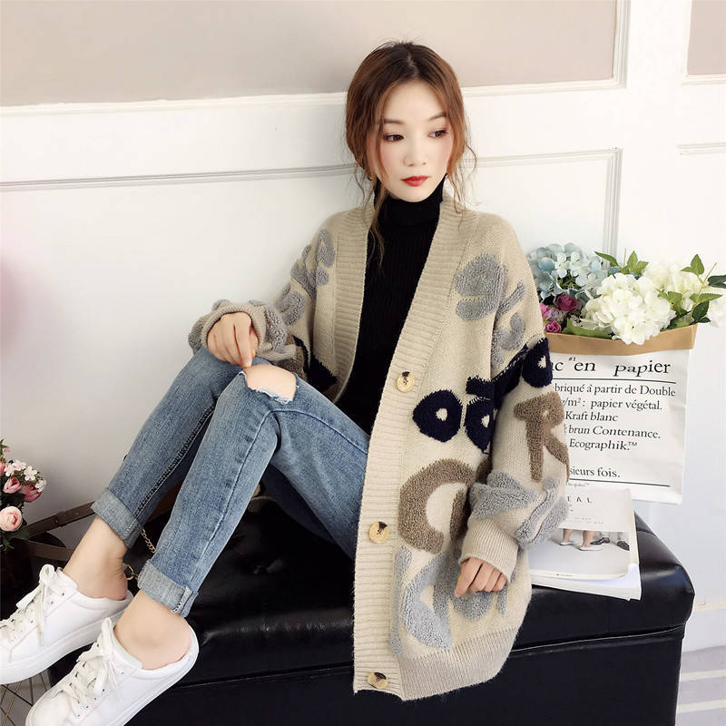 Women Casual Sweater Cardigan Winter Loose knitted Medium Length Coat