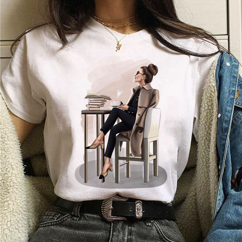 Coffee Girl Casual Women's T-shirt Top Round Neck Short Sleeve