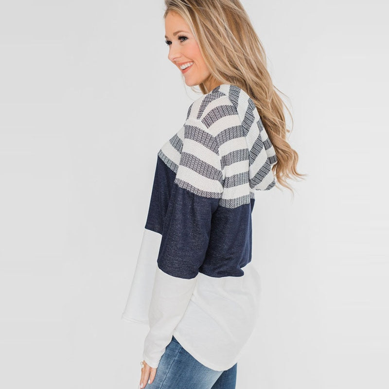 Women Hooded Casual Soft Long Sleeve Striped T-shirt