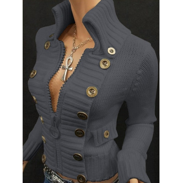 Women Vintage Button Design Long Sleeve Knitted Cardigan Jackets Zipper Sweaters