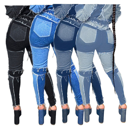 Women Patchwork Ripped Pencil Denim Jeans Skinny High Waist Lady Jean Pants