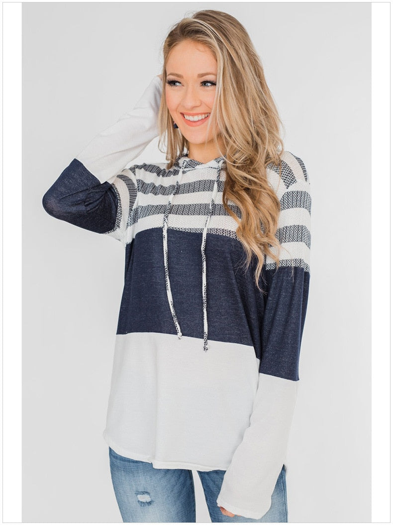 Women Hooded Casual Soft Long Sleeve Striped T-shirt