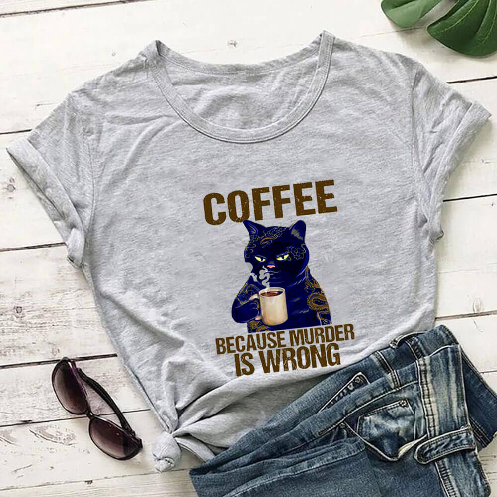 Women's Coffee Cat Printed 100%Cotton's T-shirts