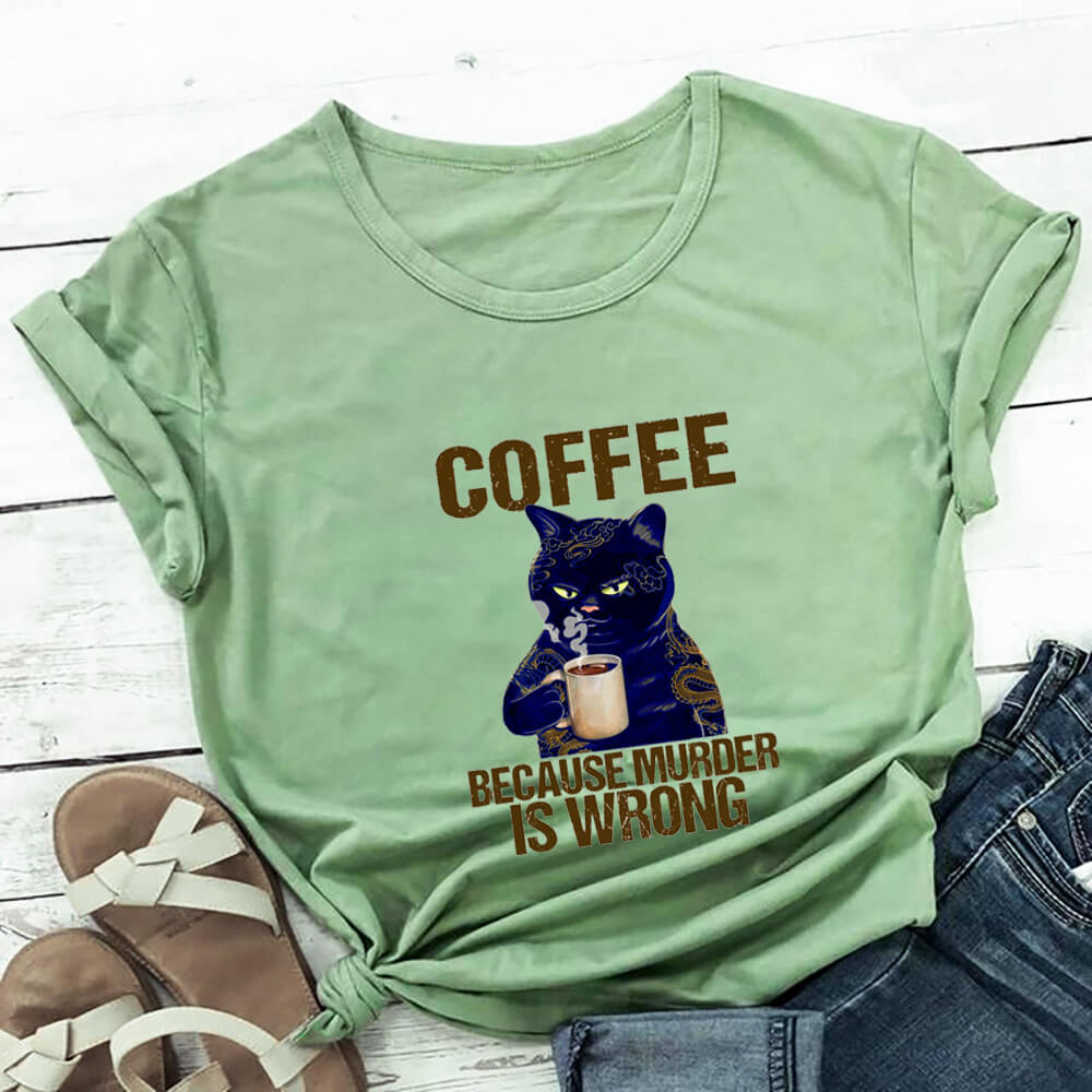 Women's Coffee Cat Printed 100%Cotton's T-shirts