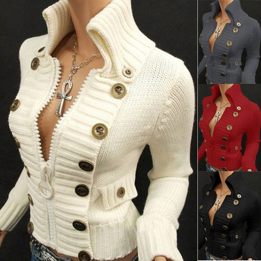 Women Vintage Button Design Long Sleeve Knitted Cardigan Jackets Zipper Sweaters