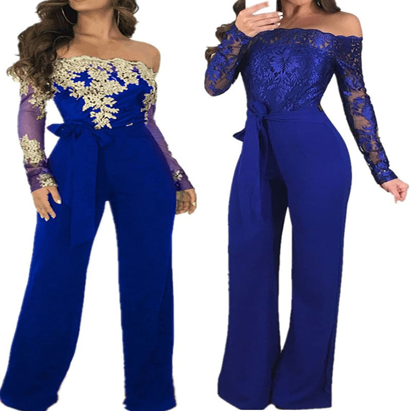 Women Lace Patchwork Jumpsuit Off Shoulder Long Sleeve Casual Slim Wide Leg