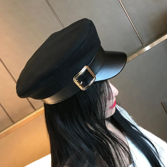 Women Black Leather Hats Autumn Winter Fashion