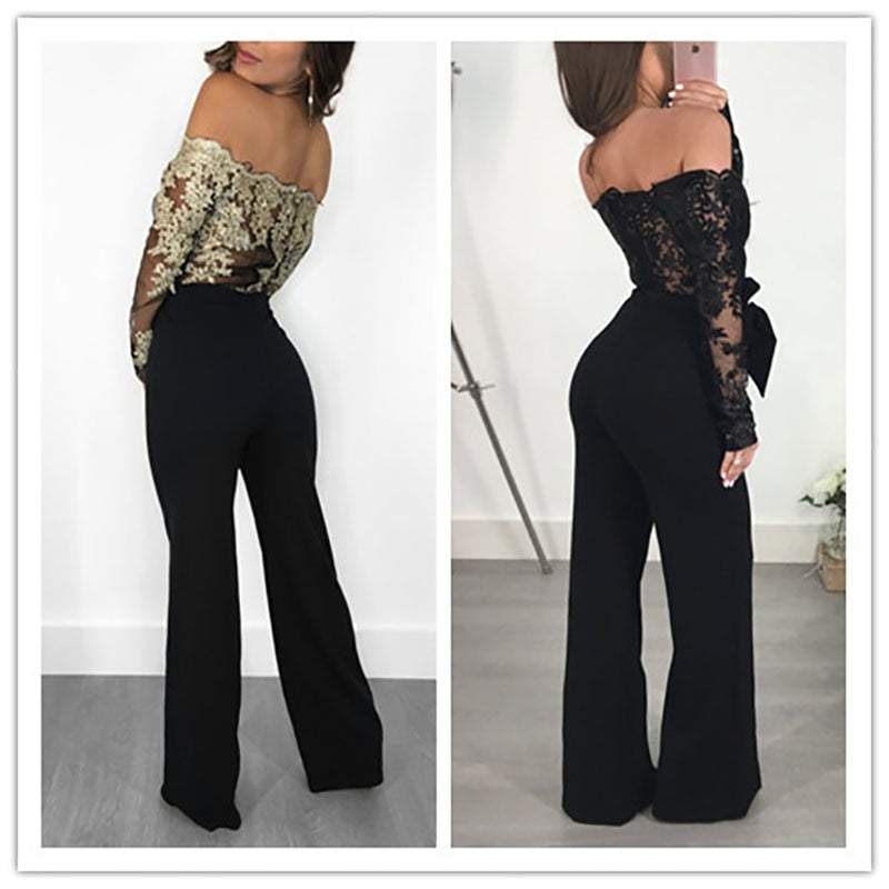 Women Lace Patchwork Jumpsuit Off Shoulder Long Sleeve Casual Slim Wide Leg