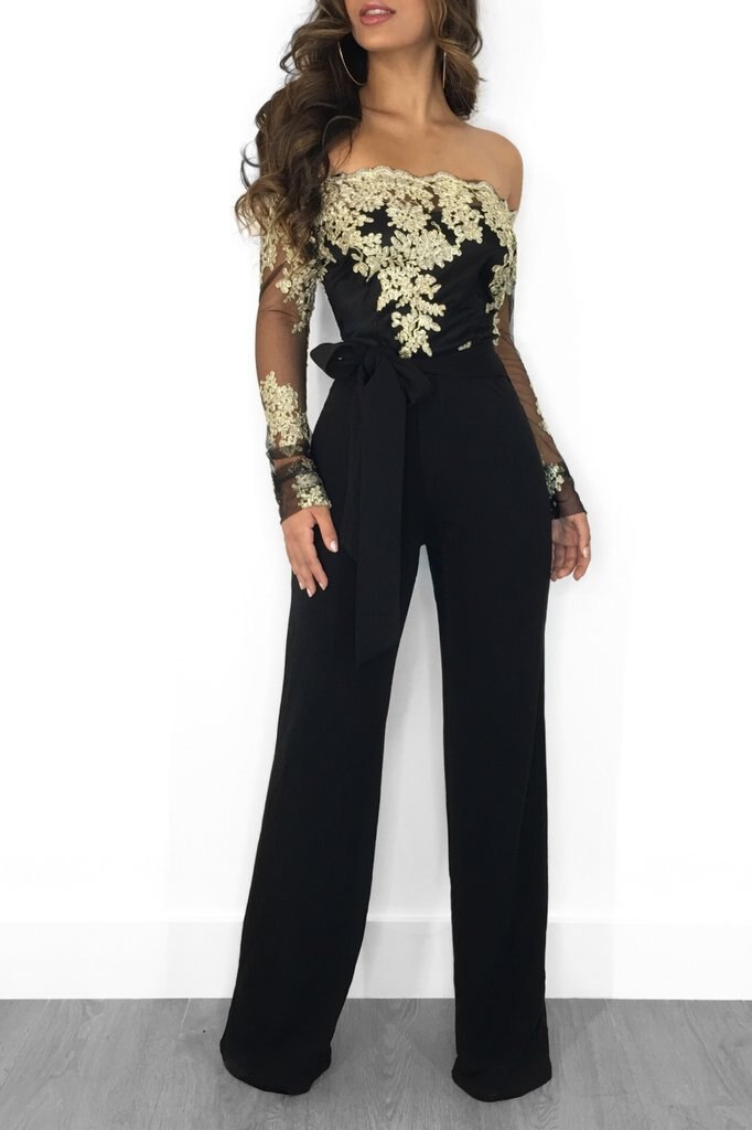 Women Lace Patchwork Jumpsuit Off Shoulder Long Sleeve Casual Slim Wide Leg