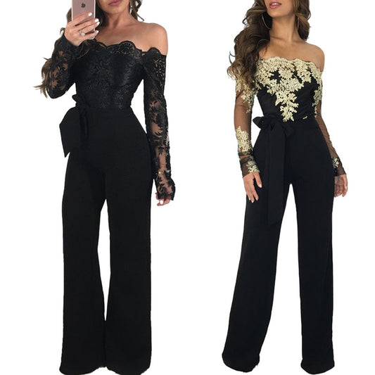 Women Lace Patchwork Jumpsuit Off Shoulder Long Sleeve Casual Slim Wide Leg