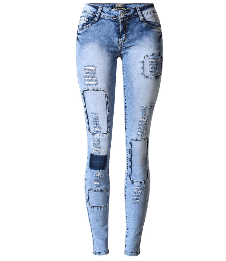 Women Low Waist Patchwork Skinny Jeans