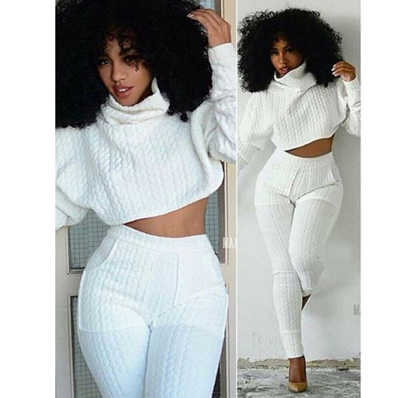 Women Set Knit Fitted Crop Tops Casual Suits 2-piece set.