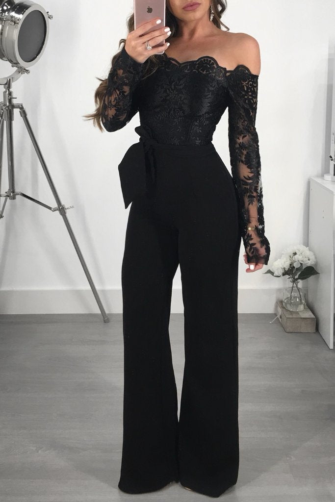 Women Lace Patchwork Jumpsuit Off Shoulder Long Sleeve Casual Slim Wide Leg