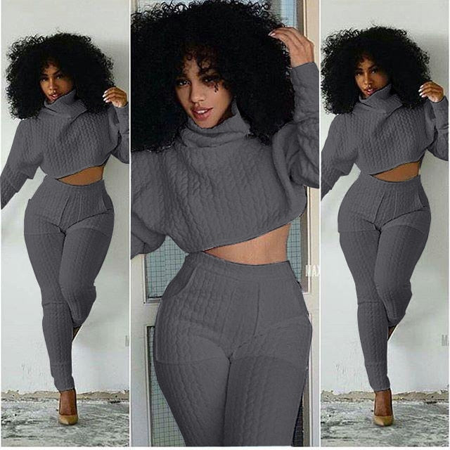 Women Set Knit Fitted Crop Tops Casual Suits 2-piece set.