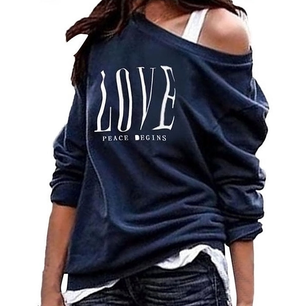 Women One Off Shoulder LOVE Letters Print Sweatshirt