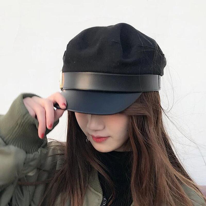 Women Black Leather Hats Autumn Winter Fashion