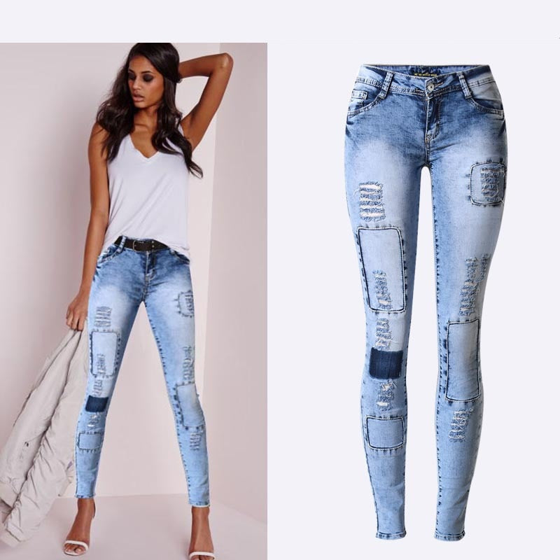 Women Low Waist Patchwork Skinny Jeans