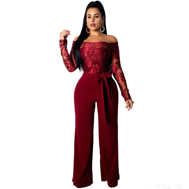 Women Lace Patchwork Jumpsuit Off Shoulder Long Sleeve Casual Slim Wide Leg