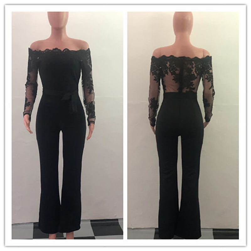 Women Lace Patchwork Jumpsuit Off Shoulder Long Sleeve Casual Slim Wide Leg