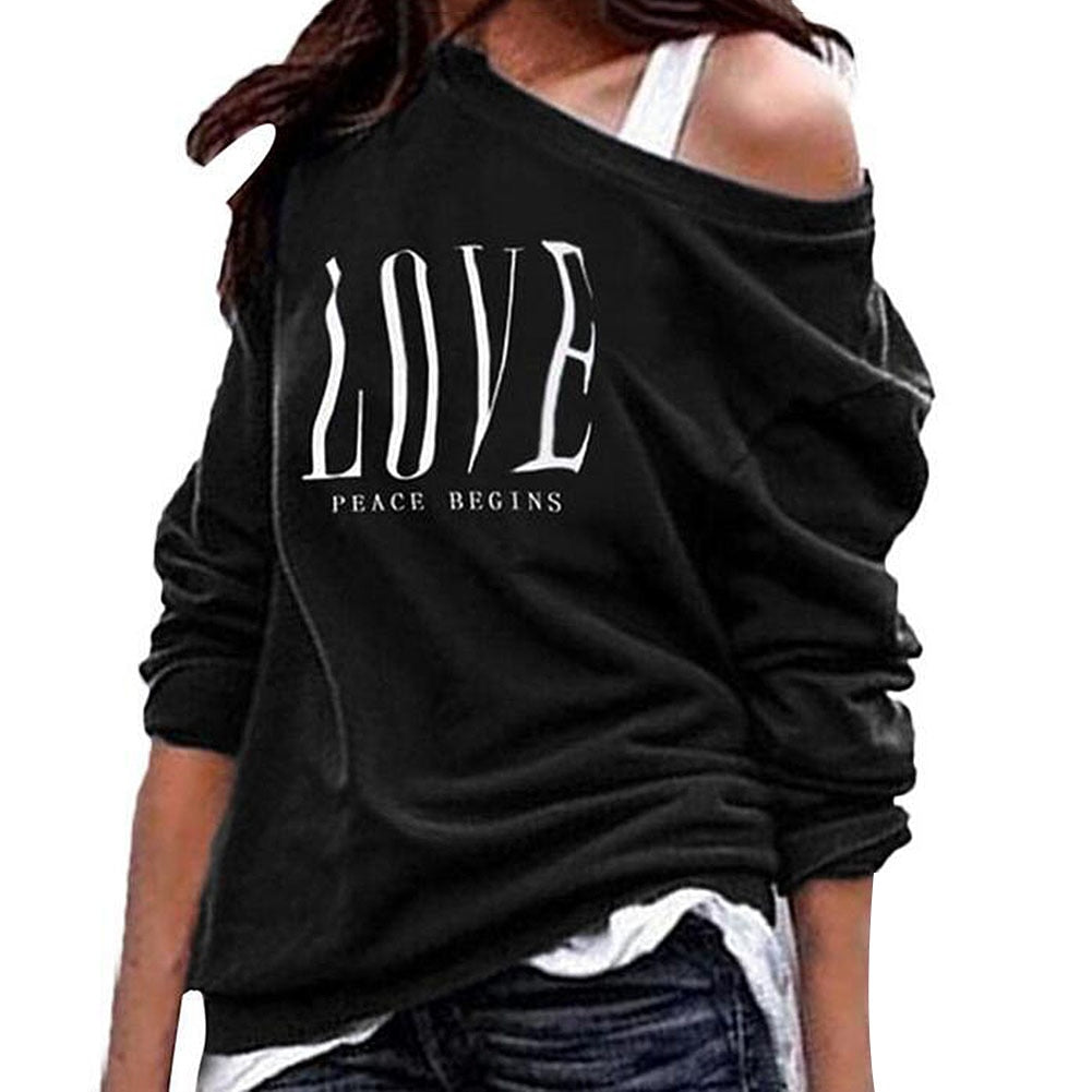 Women One Off Shoulder LOVE Letters Print Sweatshirt