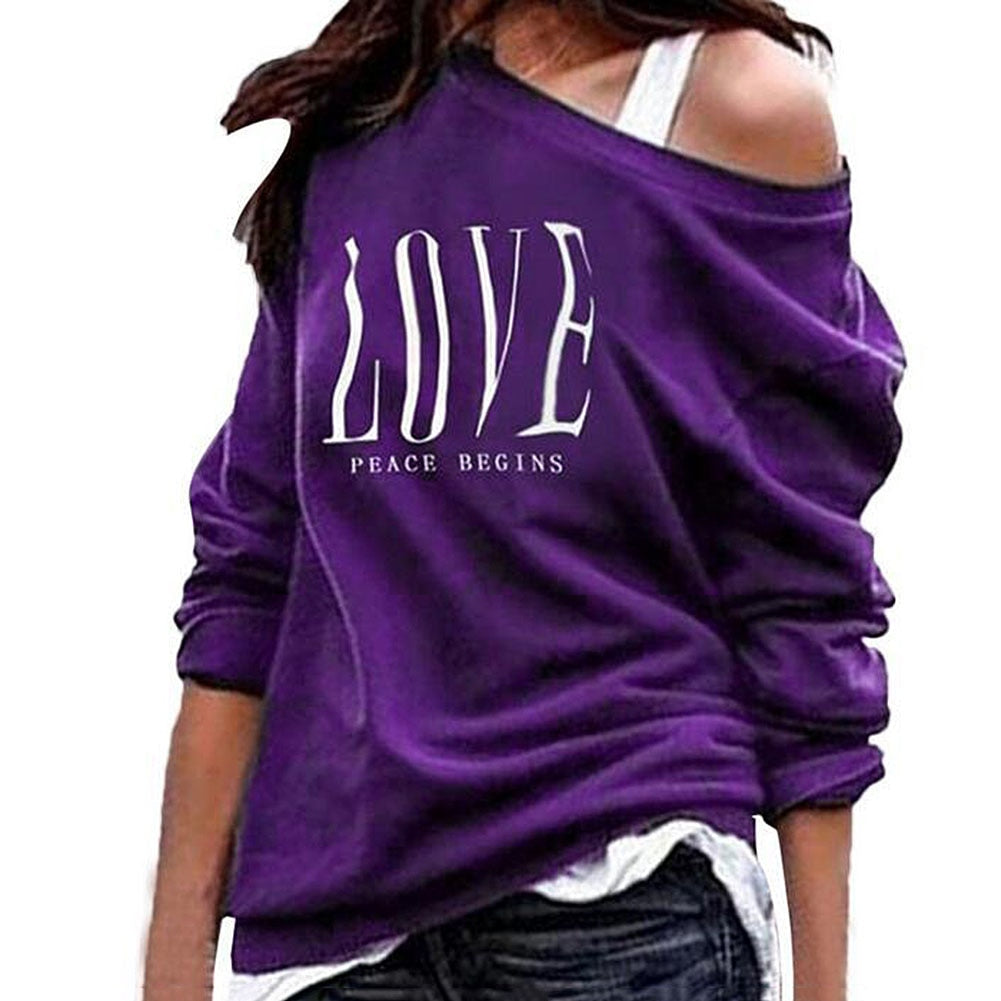 Women One Off Shoulder LOVE Letters Print Sweatshirt