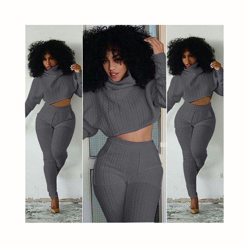 Women Set Knit Fitted Crop Tops Casual Suits 2-piece set.