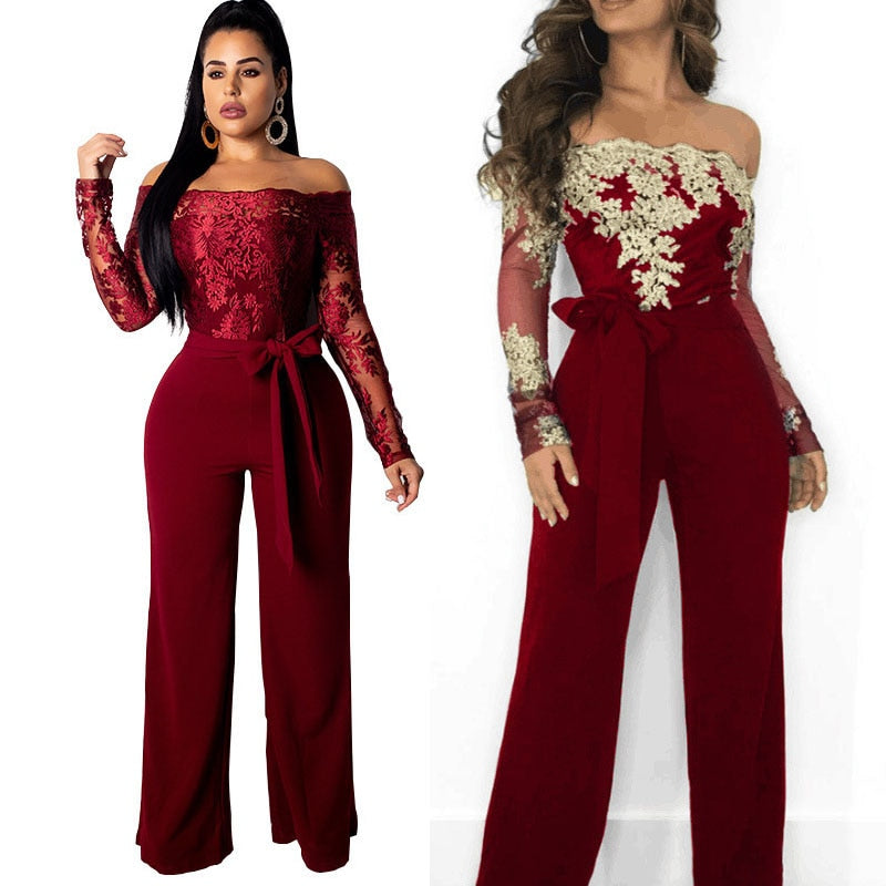 Women Lace Patchwork Jumpsuit Off Shoulder Long Sleeve Casual Slim Wide Leg