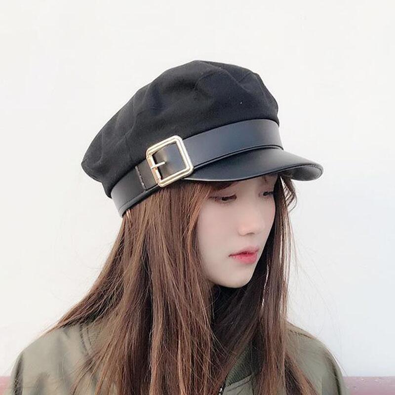 Women Black Leather Hats Autumn Winter Fashion