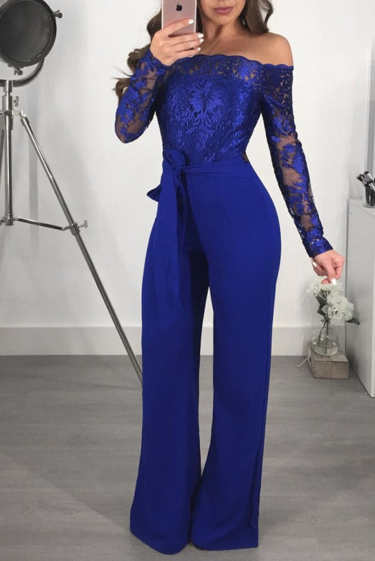 Women Lace Patchwork Jumpsuit Off Shoulder Long Sleeve Casual Slim Wide Leg