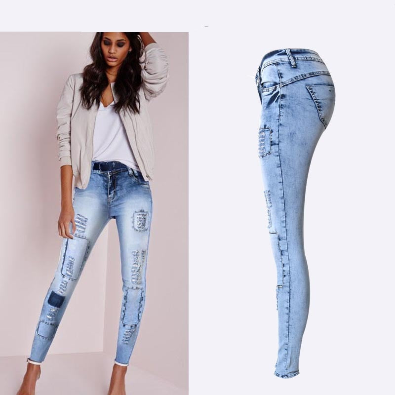 Women Low Waist Patchwork Skinny Jeans