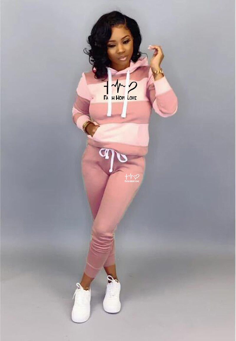 Women Winter Tracksuit 2 Piece Set Sweatshirt Print Hoodies-Pants Sportwear