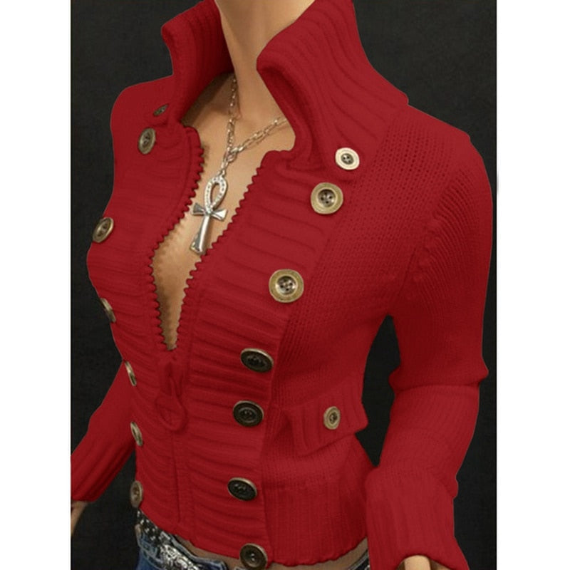 Women Vintage Button Design Long Sleeve Knitted Cardigan Jackets Zipper Sweaters