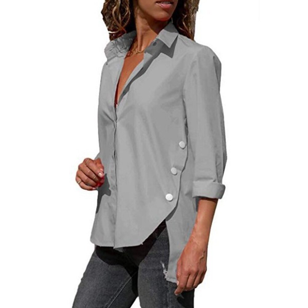 Women Long Sleeve Shirts Turn Down Collar Side Slit Hem Buttoned