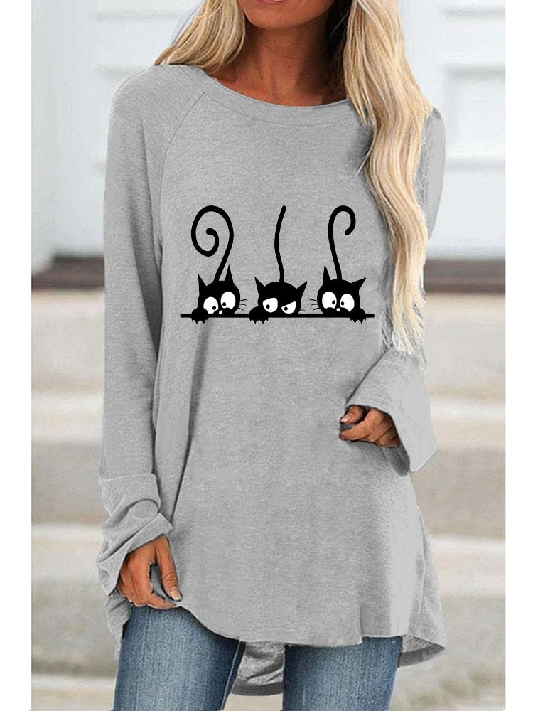 Women Casual Black Cat Print Loose Ladies Graphic T-shirt