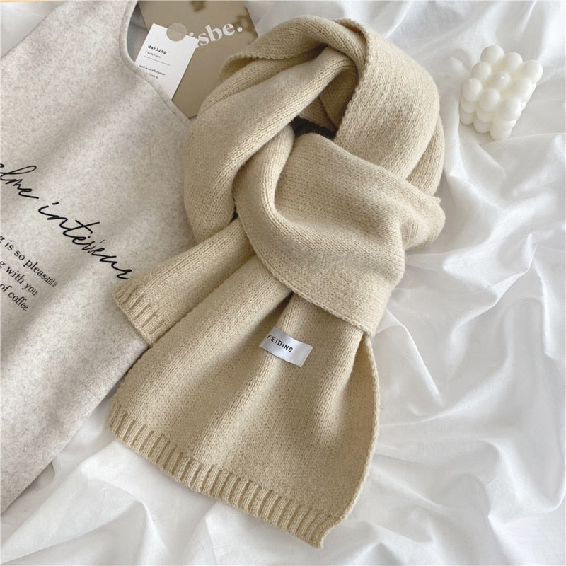 Women Autumn Winter Solid Color Scarves Slim Neckerchief Soft Brown White Warm Knitted Woolen Ins Neck Pashmina Shawl