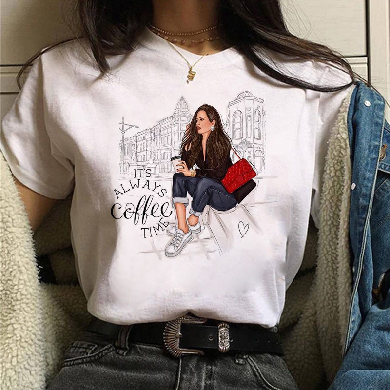 Fashion Women T Shirt Coffee Time Female Casual Tops Tee 90s