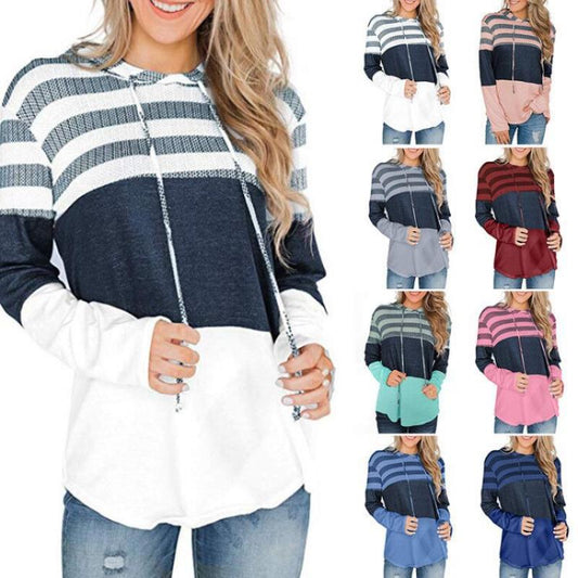 Women Hooded Casual Soft Long Sleeve Striped T-shirt