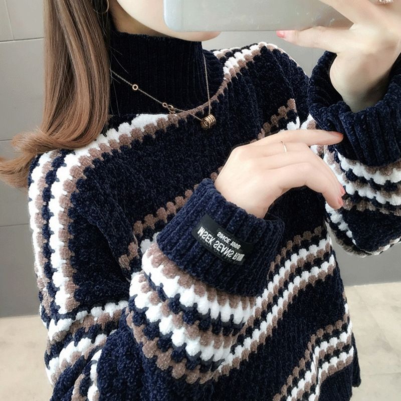 Women Oversized Sweater Long Sleeve Pullover Jumper Female Vintage Striped Top