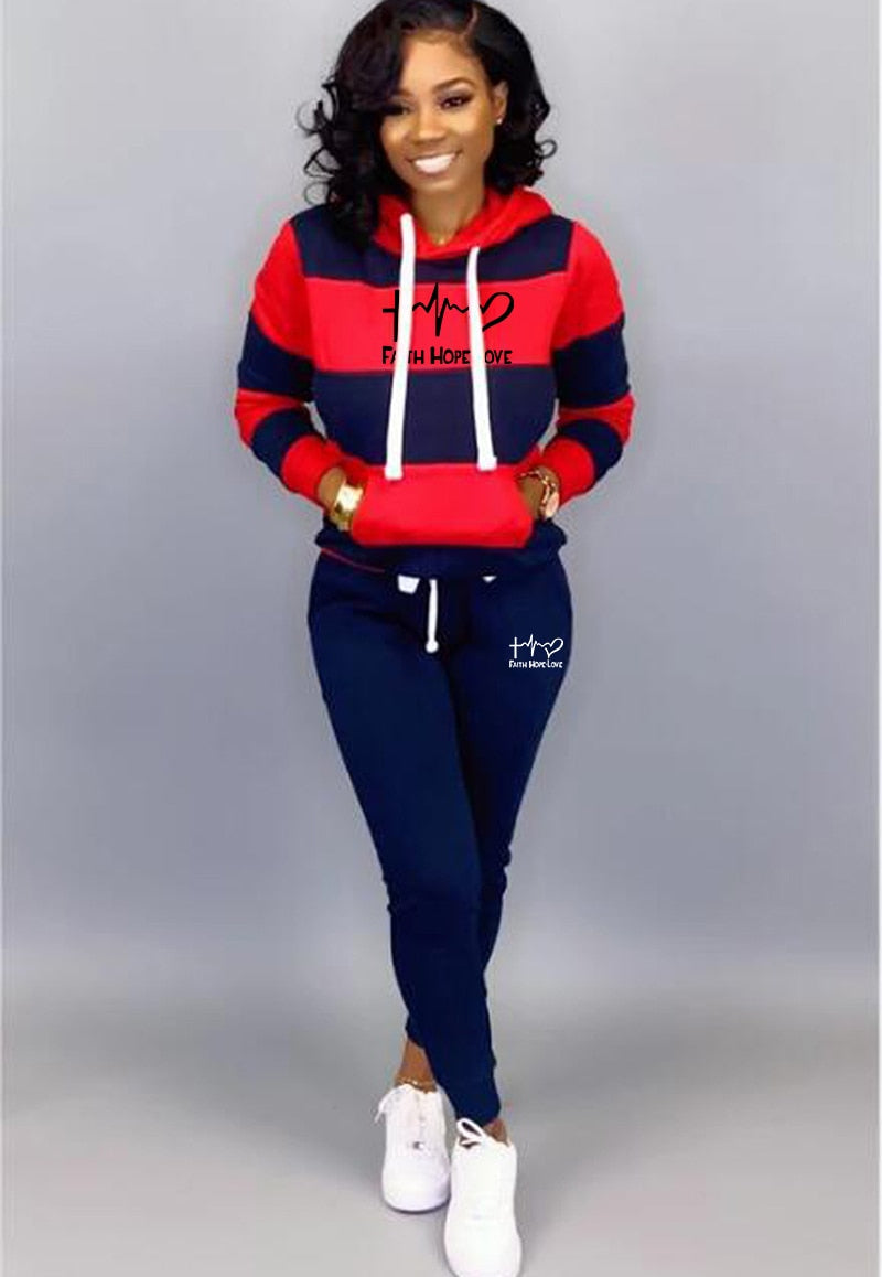 Women Winter Tracksuit 2 Piece Set Sweatshirt Print Hoodies-Pants Sportwear