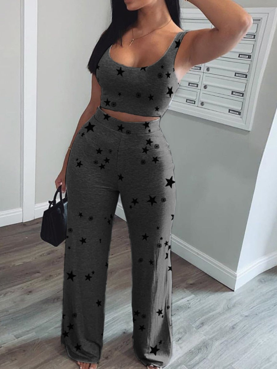 Women Two Piece Pants Set Tank Crop Top+ Straight Pants Matching Sets