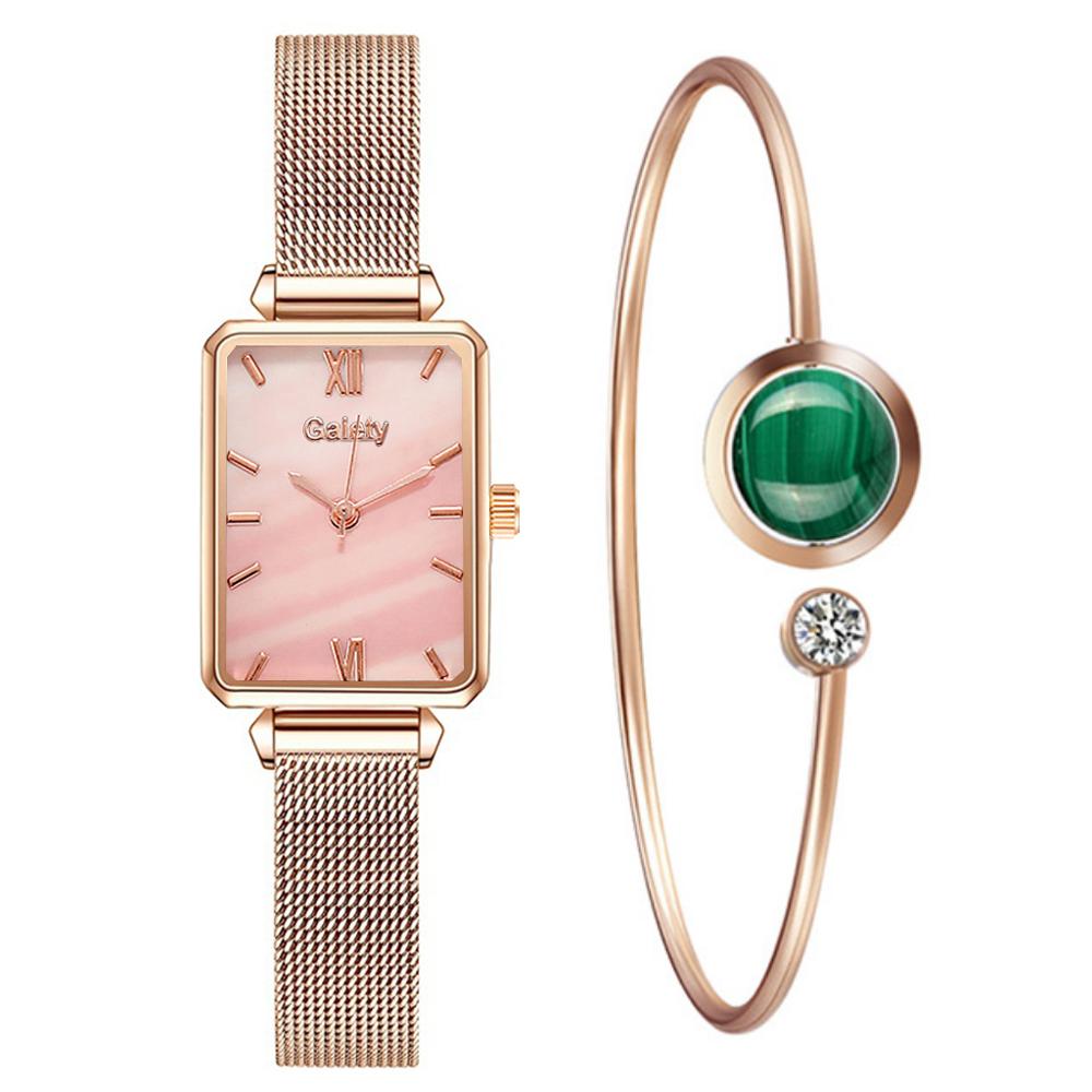 Women Watches Fashion Square Bracelet Set Green Dial Simple Rose Gold Mesh Luxury Women Watches