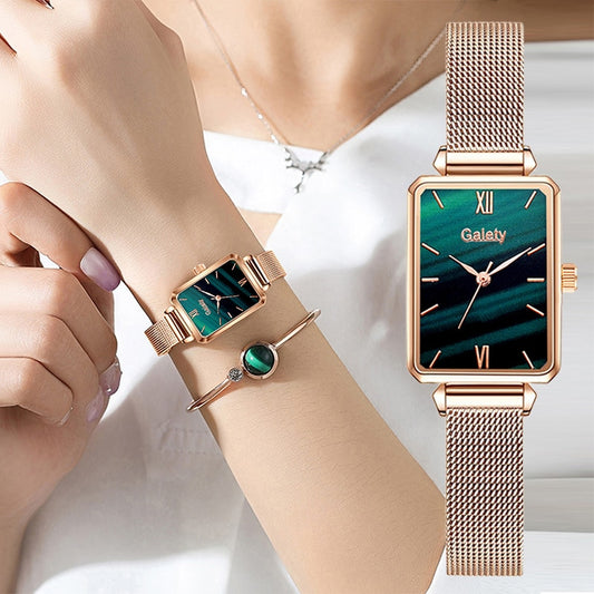 Women Watches Fashion Square Bracelet Set Green Dial Simple Rose Gold Mesh Luxury Women Watches