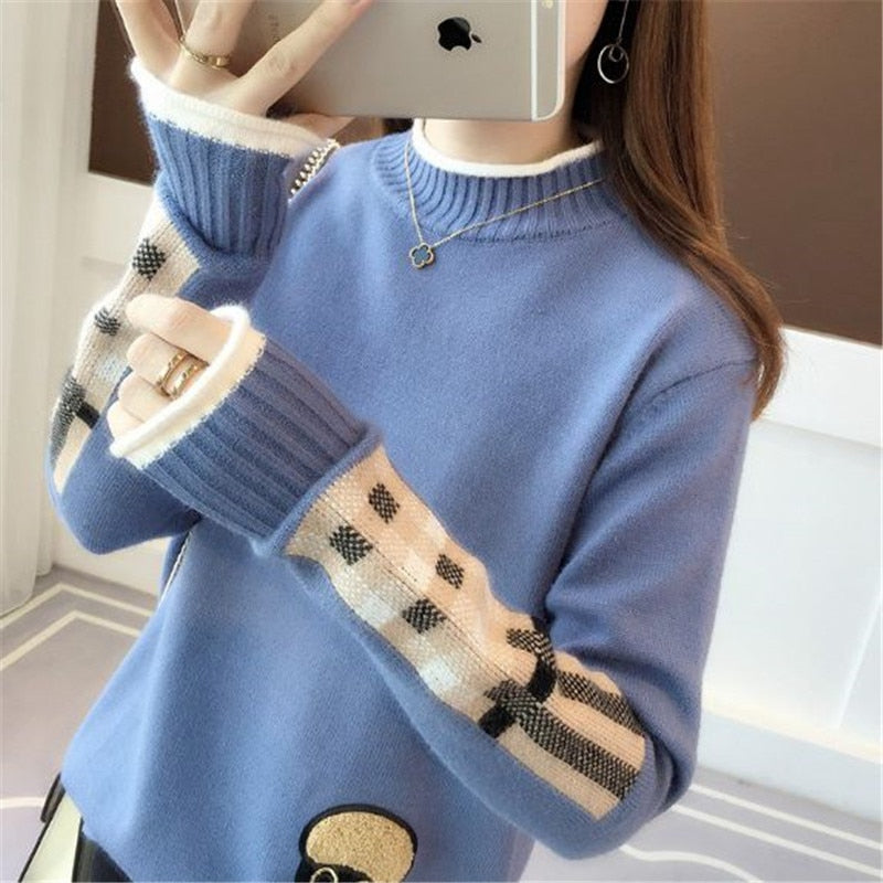 Women New Winter Knitted Patch Cartoon Base Pullover Long-sleeved Sweater